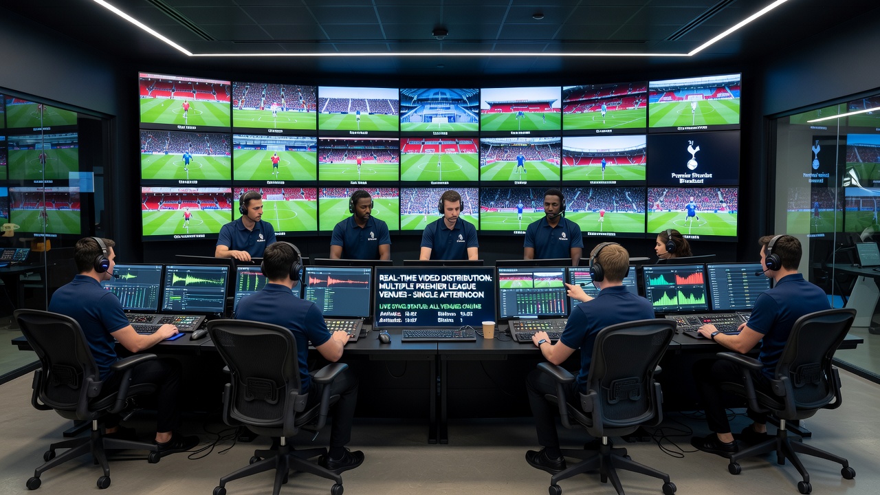 Network operations center monitoring simultaneous Premier League broadcasts with real-time analytics dashboards