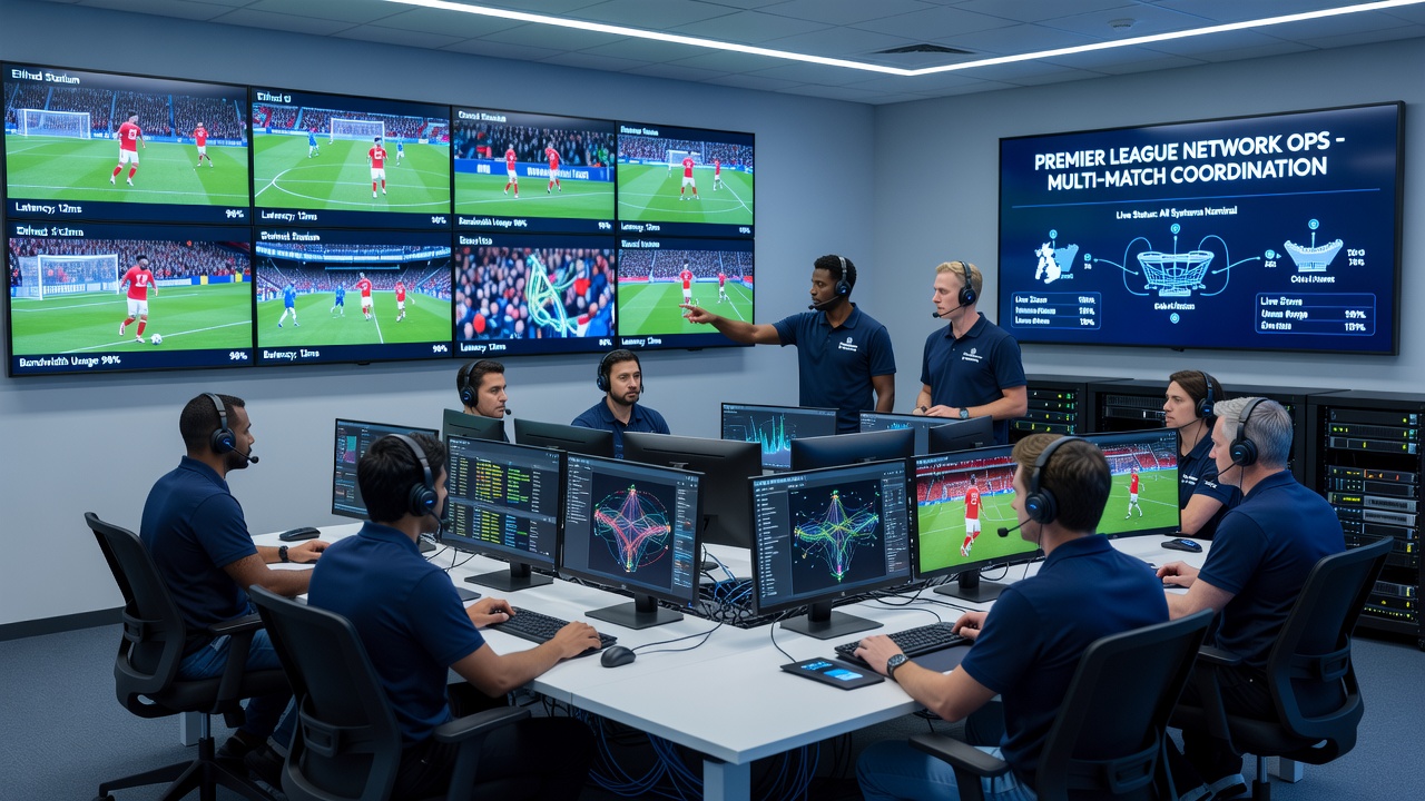 Technicians reviewing fiber optic connections and CDN routing maps at a broadcast operations center